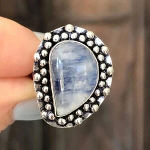 Size 6.5 Luminescent Deep Blue Rainbow Moonstone 925 Sterling Silver Ring